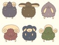 A set of colorful cartoon cute sheep. Different horns.