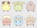 A set of colorful cartoon cute sheep. Different horns.