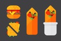 Set of colorful cartoon fast food icons isolated restaurant tasty american cheeseburger meat and unhealthy burger meal