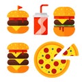 Set of colorful cartoon fast food icons isolated restaurant tasty american cheeseburger meat and unhealthy burger meal