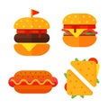 Set of colorful cartoon fast food icons isolated restaurant tasty american cheeseburger meat and unhealthy burger meal