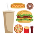 Set of colorful cartoon fast food icons. Royalty Free Stock Photo