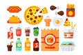 Set of colorful cartoon fast food icons restaurant tasty american cheeseburger meat and unhealthy burger meal