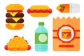Set of colorful cartoon fast food icons restaurant tasty american cheeseburger meat and unhealthy burger meal