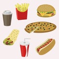 Set of colorful cartoon fast food icons.