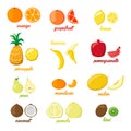 Set of colorful cartoon fruit icons pear, orange, banana, pineapple, kiwi, lemon, lime. Vector illustration, isolated on Royalty Free Stock Photo