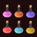 Set of colorful cartoon glass bottles with raglione therapeutic and super potions for the design of mobile games and browser-based