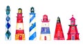 Set of colorful cartoon lighthouses. Hand drawn watercolor illustration