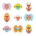 Set of colorful cartoon monkey faces.