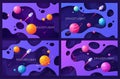 Set of colorful cartoon outer space backgrounds, designs, banners, artworks.