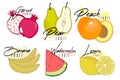 Set of colorful cartoon vitamin fruit icons: garnet, pear,peach,banana, lemon, watermelon, lemon. Vector illustration, isol Royalty Free Stock Photo
