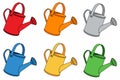 Set of colorful cartoon watering cans. Garden watering can icon set isolated on white background. Gardening tools to water Royalty Free Stock Photo