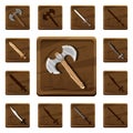 Set of colorful cartoon wooden icons with various types of weapons from different metals and materials for the design of mobile ga
