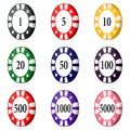 Set of colorful casino chips on a white background.