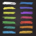 Set of colorful chalk brush strokes on the chalkboard background. Abstract vector illustration.