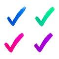 Set colorful check mark. Blue, green, pink, purple watercolor check mark on white background. Brush strokes hand drawn. Abstract Royalty Free Stock Photo