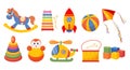 Set of colorful children\'s toys. Rocket, doll, pyramid, rocking horse, helicopter and drums on a white background. Royalty Free Stock Photo