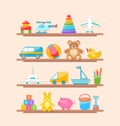 Set of Colorful Children Toys on Shelf. Cartoon Baby Joys