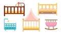 Set of colorful childrens beds in cartoon style. Vector illustration of furniture for home interiors white background.