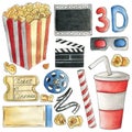 Set of colorful cinema equipment for movie and cartoon watching. HAnd drawn watercolor illustration in cartoon style. Red, blue
