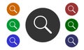 Set of colorful circular icons, search on websites and forums and in e-shop with a button and a picture of a magnifying glass isol Royalty Free Stock Photo