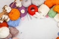 A set of colorful clew of thread for knitting and special craft tools. Handmade, hobby concept