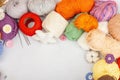 A set of colorful clew of thread for knitting and special craft tools. Handmade, hobby concept