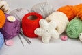 A set of colorful clew of thread for knitting and special craft tools. Handmade, hobby concept