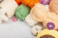 A set of colorful clew of thread for knitting and special craft tools. Handmade, hobby concept