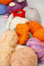 A set of colorful clew of thread for knitting and special craft tools. Handmade, hobby concept