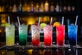 Set of colorful cocktails on bar counter. Generative AI Royalty Free Stock Photo