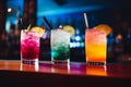 Set of colorful cocktails on bar counter. Generative AI Royalty Free Stock Photo