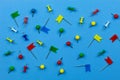 Set of colorful color push pins Thumbtacks. top view on Royalty Free Stock Photo