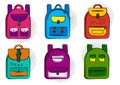 Set of colorful comic school backpacks with halftone shadow in pop art style. Vector Royalty Free Stock Photo