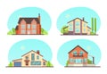 Set colorful country town houses with roof, suburban cottages, guest house, mansion, townhouse, house brick, buildings. Facade