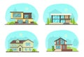 Set colorful country town houses with roof, suburban cottages, guest house, mansion, townhouse, house brick, buildings. Facade