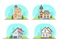 Set colorful country town houses with roof, suburban cottages, guest house, mansion, townhouse, house brick, buildings. Facade