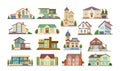 Set colorful country town houses with roof, suburban cottages, guest house, mansion, townhouse, house brick, buildings. 