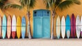 set of colorful creative surfing board standing by vibrant wall, surfing wallpaper, generative AI