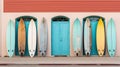 set of colorful creative surfing board standing by vibrant wall, surfing wallpaper, generative AI