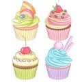 A set of colorful cupcakes isolated on white background.