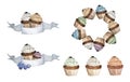 Set of Colorful cupcakes. Watercolor illustrations