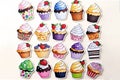 Set of colorful cupcakes stickers over isolated background.