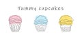 Set of colorful cupcakes in style of continuous one line drawing with text Yummy Cupcakes. Simple line art of muffins Royalty Free Stock Photo