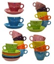 Set with colorful cups and saucers Royalty Free Stock Photo
