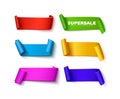 Set of colorful curved paper ribbon banners with rolls and space for text on white Royalty Free Stock Photo