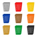 Set of colorful 3D icons on the waste bins. Multicolored collection containers for separated waste. Recycling dumpster on a white Royalty Free Stock Photo