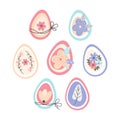 Set Colorful decorated Easter eggs and spring flowers for Happy Easter. Scandinavian hand drawn style. Vector illustration.