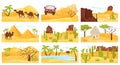 Flat vector set of colorful desert landscapes with camels, rocky mountains, pyramids and car. Flat vector design