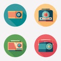 Retro radio flat round icon set.